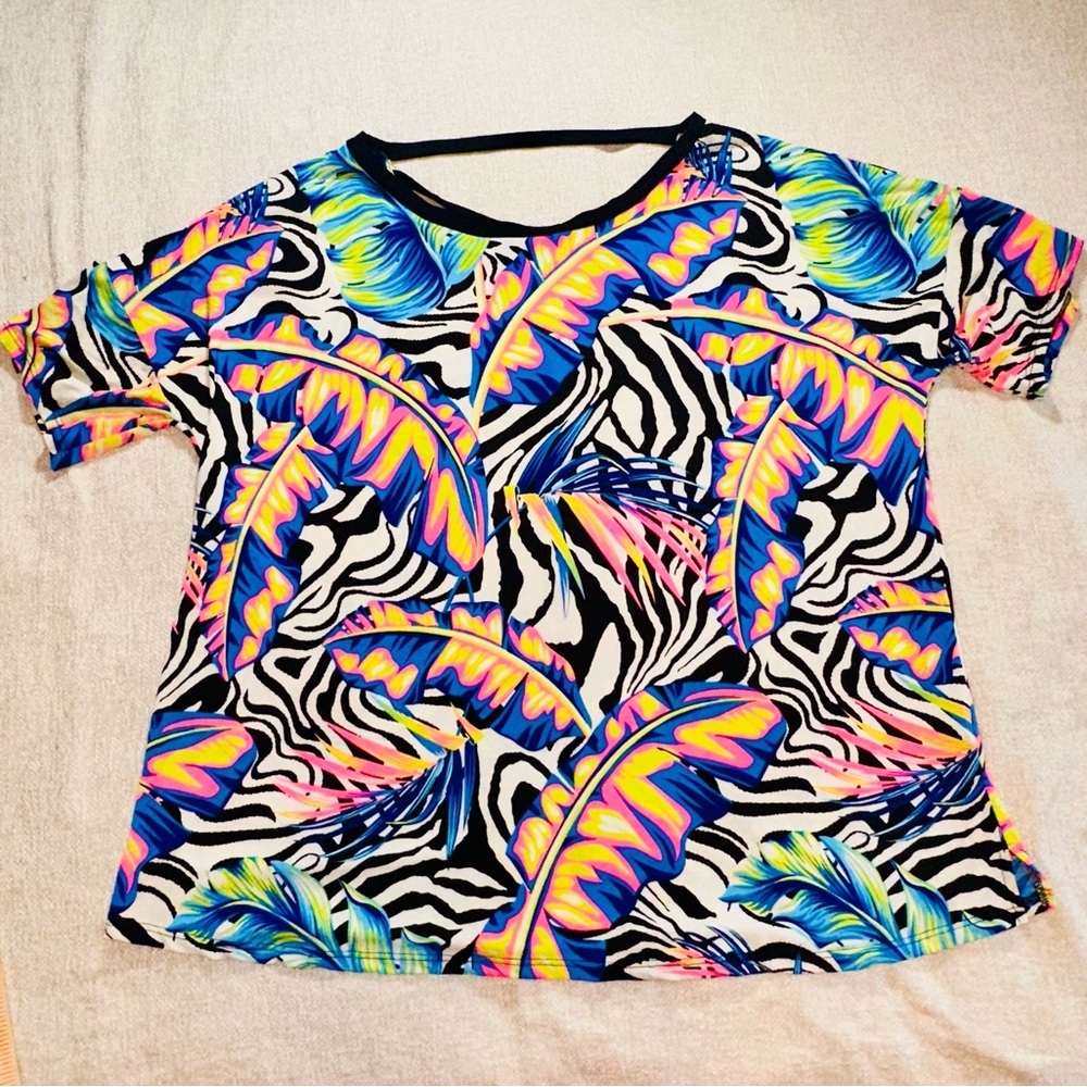 Sew In Love Tropical Zebra Print Crisscross Back Top 2X Made in USA